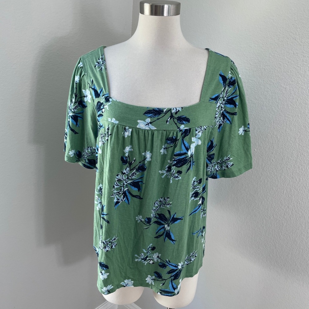 Lucky Brand Womens Plus XXL Green Floral Square Neck Short Sleeve Boho Top